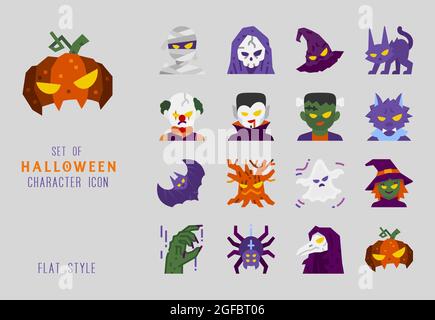 Halloween personaggio piatto design icona set per la decorazione. Illustrazione Vettoriale