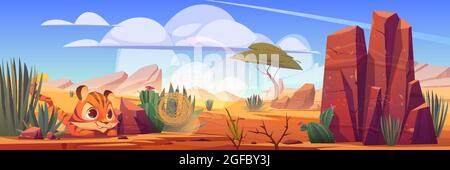 Divertente cucciolo di tigre che gioca con le alghe tumbleed nel deserto Illustrazione Vettoriale