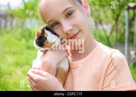 La ragazza tiene in mano il porcellino d'India. Concetto di bambino che prende cura di animale domestico. Foto Stock