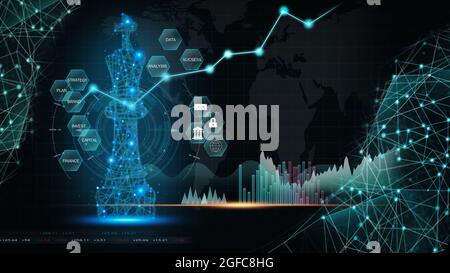 Gioco di scacchi su scacchiera dietro gli indicatori della tabella del forex o grafico del mercato azionario in background astratto. Business Concept per presentare informazioni finanziarie Foto Stock