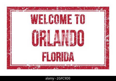 BENVENUTI A ORLANDO - FLORIDA, parole scritte su un timbro postale rettangolo rosso Foto Stock