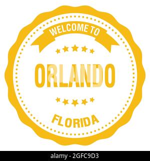 BENVENUTI A ORLANDO - FLORIDA, parole scritte sul timbro giallo rotondo del badge Foto Stock