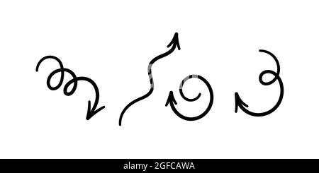 Set di frecce curve disegnate a mano. Frecce nere che girano. Illustrazione vettoriale isolata in stile doodle su sfondo bianco Illustrazione Vettoriale
