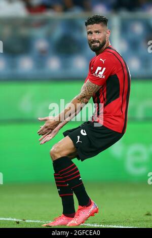 Genova, Italia. 23 agosto 2021. Olivier Giroud di AC Milan gesticola durante la Serie A match tra UC Sampdoria e AC Milan allo Stadio Luigi Ferraris . Foto Stock