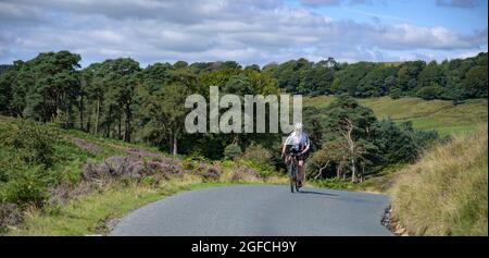 Ciclista maschile matura che attraversa la valle di Bowland, Lancashire, Regno Unito. Foto Stock