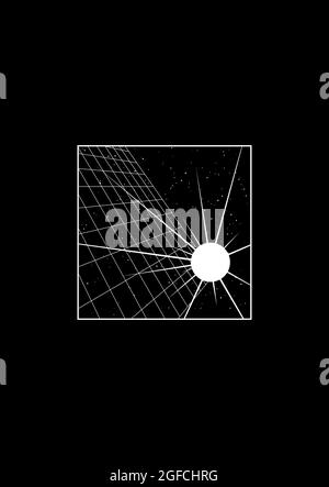 T-shirt e design di abbigliamento con griglia in prospettiva nello spazio stellato e stelle esplosive. L'estetica degli anni '80. Stampa in bianco e nero. Vettore Illustrazione Vettoriale