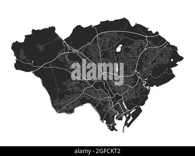 Mappa di Cardiff. Mappa vettoriale dettagliata dell'area amministrativa della città di Cardiff. Paesaggio urbano poster vista aria metropolitana. Terra nera con strade bianche, strade e Illustrazione Vettoriale