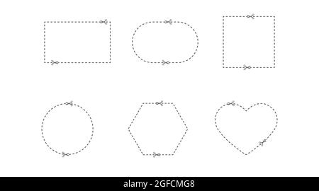 set di linee di taglio di forme diverse. Un campo per il taglio con forbici lungo la linea. Tagliare il buono. Stile piatto Illustrazione Vettoriale