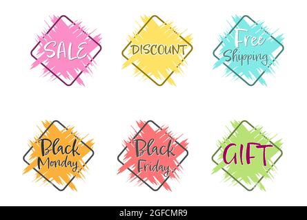 set di adesivi grunge colorati per aziende, vendite, promozione pubblicitaria, striscioni e adesivi. Stile piatto. Illustrazione Vettoriale