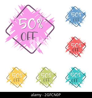 set di adesivi grunge colorati con uno sconto del 50% per le aziende, le vendite, la promozione pubblicitaria, adesivi ed etichette. Stile piatto Illustrazione Vettoriale