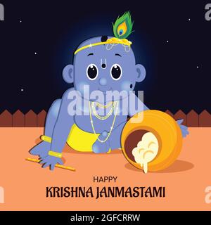 Poster di Krishna Janmashtami. Bal Krishna è seduto sul pavimento. Pentole piene di cagliata. Basuri tiene in mano Bal Krishna. Sfondo notturno Illustrazione Vettoriale