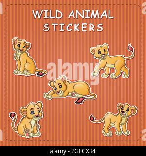 illustrazione di carino leone cartoon su adesivi Illustrazione Vettoriale