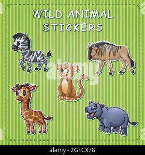 Illustrazione di animali selvatici carini cartoni animati su adesivi Illustrazione Vettoriale