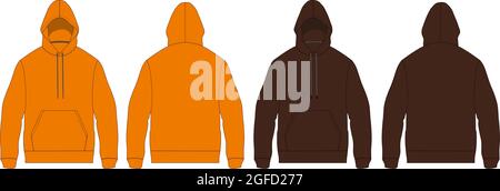 Hoodie Technical fashion modello di illustrazione vettoriale dello schizzo piatto viste frontale e posteriore. Colore arancione e caffè mack up isolato su sfondo bianco. Illustrazione Vettoriale