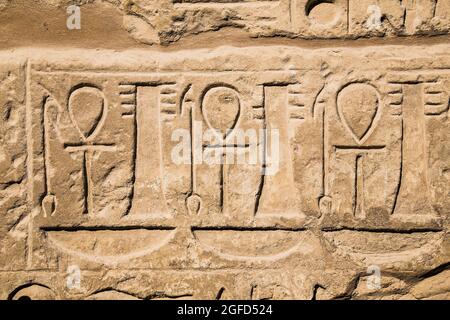 Antica simbol Ankh al tempio di Karnak a Luxor (Tebe), Egitto. Il più grande complesso tempiale dell'antichità nel mondo. Patrimonio mondiale dell'UNESCO. Foto Stock