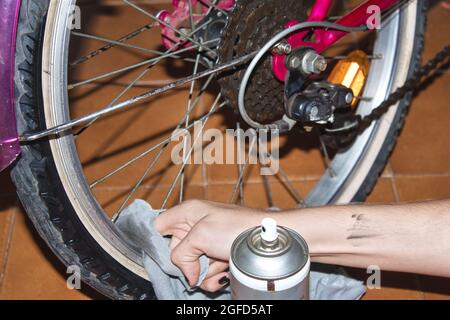 vista di una mano di una ragazza che pulisce la sua moto con uno straccio e spray Foto Stock