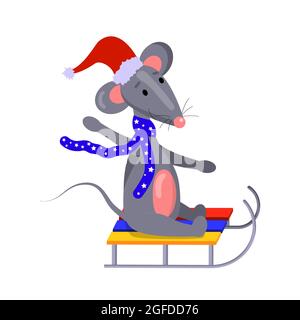 Illustrazione vettoriale dei cartoni animati per i bambini, un mouse corre su una slitta. Isolato su sfondo bianco. Illustrazione Vettoriale