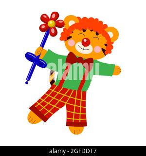 Illustrazione vettoriale cartoon per bambini, clown tigre nel circo, cinese nuovo anno. Isolato su sfondo bianco. Illustrazione Vettoriale