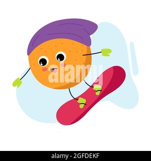 Divertente personaggio cartoon arancione cavalca uno snowboard. Agrumi freschi. Sport invernali attivo. Felice mascotte kawaii per Natale o Capodanno pubblicità. Illustrazione Vettoriale