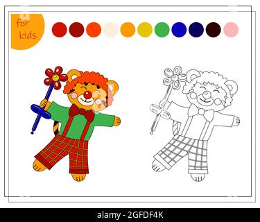 Libro da colorare per bambini da colori. clown tigre nel circo, cinese nuovo anno. Vettore isolato su sfondo bianco. Illustrazione Vettoriale