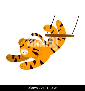 Illustrazione vettoriale cartoon per bambini, tigre acrobat nel circo, cinese nuovo anno. Isolato su sfondo bianco. Illustrazione Vettoriale