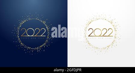 2022 scintillante cerchio d'oro Happy New Year banner. Cifre dorate con anello scintillante e glitter su sfondo bianco e blu scuro Illustrazione Vettoriale