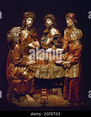 La cena ad Emmaus, 1520 Ulm, tedesco, Germania, doratura, Raffigura scene della vita di Cristo in cui appare ad un tavolo da pranzo. Originariamente hanno fatto parte di un grande altare scolpito. Le scene si riferiscono alla celebrazione della Messa, quando pane e vino sono presentati all'altare come corpo e sangue di Cristo Foto Stock