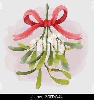 Bouquet tradizionale di Natale in acquerello appeso con vischio rosso Illustrazione Vettoriale