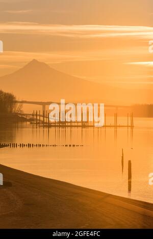 Orientamento verticale alba dorata sul Monte Hood e Columbia River, Oregon e Washington Pacific Northwest Foto Stock