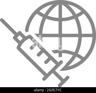 Siringa medica e l'icona della linea di terra del globo. Vaccinazione mondiale, statistiche sulle vaccinazioni di popolazione Illustrazione Vettoriale