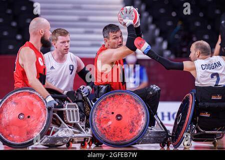 TOKYO, GIAPPONE. 25 ago 2021. Zak Smith of Canada in Men's Wheelchair Basketball GBR vs CAN durante i Giochi Paralimpici di Tokyo 2020 allo Yoyogi National Stadium mercoledì 25 agosto 2021 a TOKYO, GIAPPONE. Credit: Taka G Wu/Alamy Live News Foto Stock