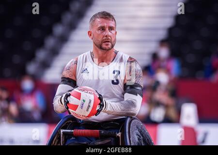 TOKYO, GIAPPONE. 25 ago 2021. Stuart Robinson della Gran Bretagna in Men's Wheelchair Basketball GBR vs CAN durante i Giochi Paralimpici di Tokyo 2020 allo Stadio Nazionale di Yoyogi mercoledì 25 agosto 2021 a TOKYO, GIAPPONE. Credit: Taka G Wu/Alamy Live News Foto Stock