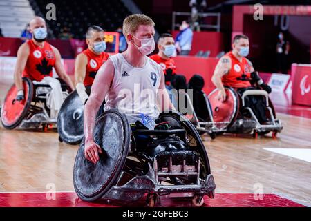 TOKYO, GIAPPONE. 25 ago 2021. Jim Roberts della Gran Bretagna in Men's Wheelchair Basketball GBR vs CAN durante i Giochi Paralimpici di Tokyo 2020 allo Stadio Nazionale di Yoyogi mercoledì 25 agosto 2021 a TOKYO, GIAPPONE. Credit: Taka G Wu/Alamy Live News Foto Stock