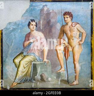 Io e Argos Io, identificabili dalle corna bovine, sono tenuti sotto sorveglianza da Argos per impedire a Zeus di sedurla, come richiesto da Hera fresco Pompei, Casa del Meleagro (Casa di Meleagro) 63-79 d.C. Foto Stock
