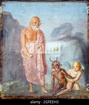 Sileno, Eros e Pan lotta tra Eros e Pan alla presenza di Sileno affresco Pompei, Casa del Meleagro (Casa di Meleagro) 63-79 d.C. Foto Stock