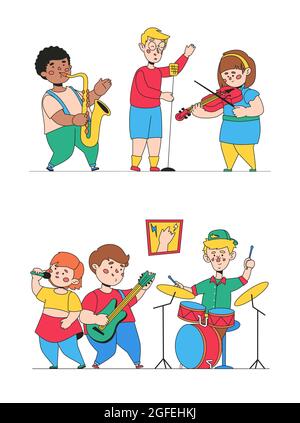 Musica per bambini - illustrazioni colorate in stile piano con personaggi cartoni animati. Ragazzi felici che suonano chitarra, batteria e sassofono una ragazza si Illustrazione Vettoriale