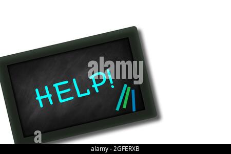 Concetto di supporto e aiuto aziendale . AIUTO! Scritto in piccola lavagna, scritto a mano su sfondo bianco con spazio Foto Stock