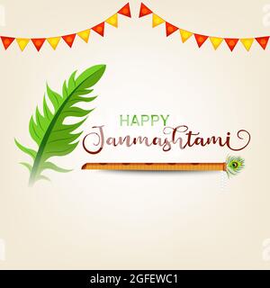 Illustrazione vettoriale di uno sfondo per felice Janmashtami Festival indiano del Signore Krishna compleanno con Hindi testo Shri Krishan Janmashtami. Foto Stock