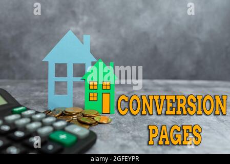 Didascalie di testo che presentano pagine di conversione. La foto concettuale appare in risposta a fare clic su un motore di ricerca che presenta Brand New House, Vendita Casa Foto Stock