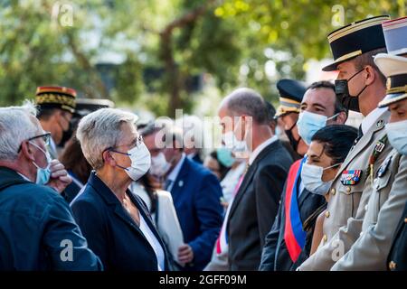 Cerimonia della liberazione di Parigi, alla presenza dei veterani, il sindaco di Parigi Anne Hidalgo e Geneviève Darrieusecq, Segretario di Stato al Ministro delle forze Armate responsabile della memoria e dei Veterani, a Parigi, in Francia, il 25 agosto 2021. Foto di Pierrick Villette/Avenir Pictures/ABACAPRESS.COM Foto Stock