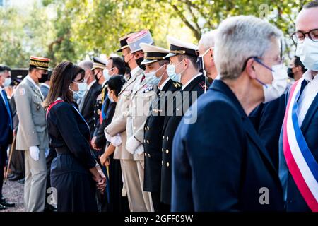 Cerimonia della liberazione di Parigi, alla presenza dei veterani, il sindaco di Parigi Anne Hidalgo e Geneviève Darrieusecq, Segretario di Stato al Ministro delle forze Armate responsabile della memoria e dei Veterani, a Parigi, in Francia, il 25 agosto 2021. Foto di Pierrick Villette/Avenir Pictures/ABACAPRESS.COM Foto Stock