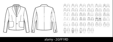 Set of jackets, coats, outerwear technical fashion illustration with oversized, thick, hood collar, long sleeves, pockets. Flat coat template front, back white color. Women men unisex top CAD mockup Illustrazione Vettoriale