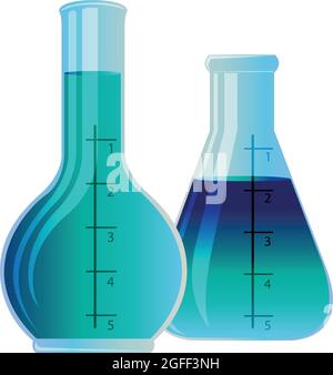 Matracci con erlenmayer per provette per chimica, vettore isolato. Provette per chimica riempite con liquido blu. Cilindro di misurazione in formato vettoriale. Illustrazione Vettoriale