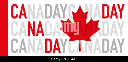 Banner panoramico, poster del testo Canada Day con una foglia di acero rosso su sfondo bianco Illustrazione Vettoriale