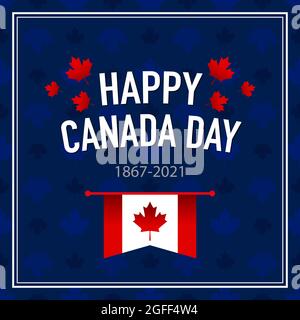 Banner Happy Canada Day con bandiera su sfondo blu Illustrazione Vettoriale