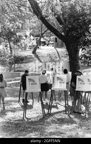 Austin, Texas USA, circa 1992: Voto anticipato all'aperto presso il parco pubblico vicino al centro durante le elezioni presidenziali. ©Bob Daemmrich Foto Stock