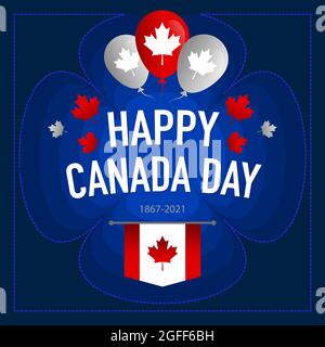 Bellissimo banner per le vacanze del Canada Day. Bandiera del Canada con palloncini e foglie di acero stampate su sfondo blu Illustrazione Vettoriale