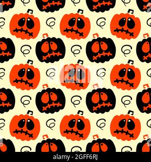 Zucche nere e arancioni con occhi tristi su sfondo giallo bianco Illustrazione Vettoriale