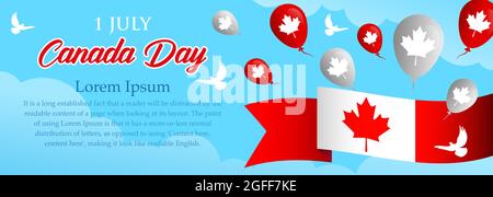 Banner panoramico Canada Day con spazio di copia per testo con bandiera, palloncini con uccelli bianchi su sfondo blu cielo Illustrazione Vettoriale