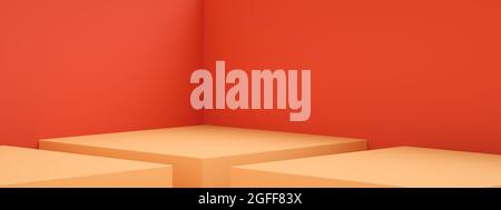 Rendering 3D del design interno di ambienti vuoti o display a piedistallo arancione su parete rossa, supporto vuoto per la visualizzazione del prodotto, immagine panoramica Foto Stock